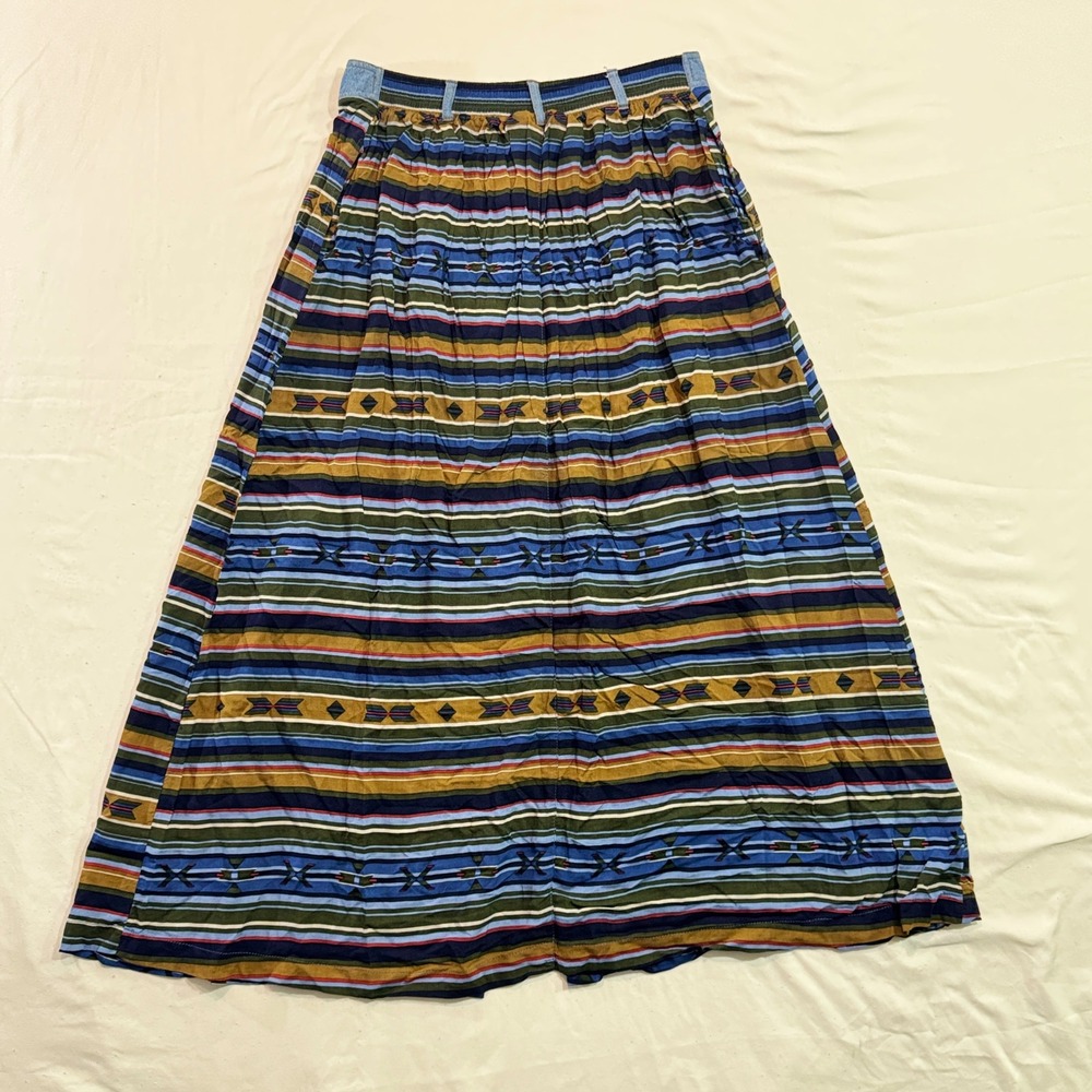 Vintage Southwestern Stripe Maxi Skirt High Waisted Denim Yoke Button Front Blue - Picture 7 of 7